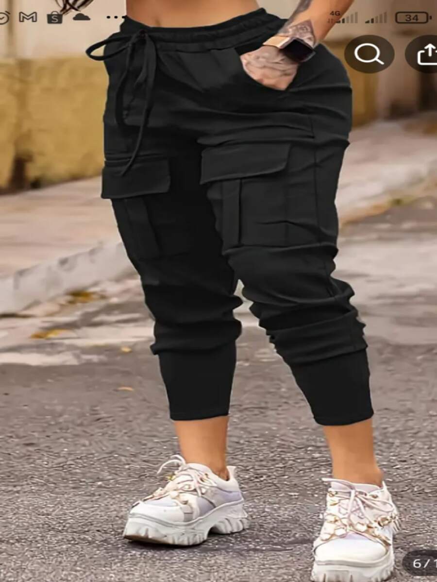 Women's Bengaline Cargo Jogger Pants With Pocket - màu đen - Xem 1