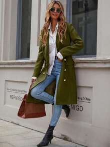 Women's Fashion Metal Button Decor Lapel Mid-Length Overcoat, Autumn/Winter