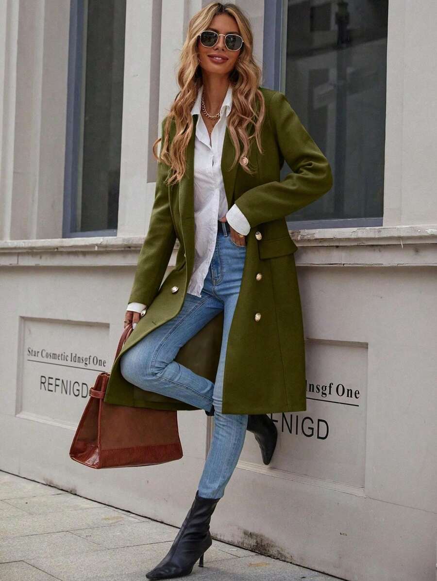 Women's Fashion Metal Button Decor Lapel Mid-Length Overcoat, Autumn/Winter