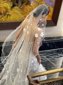 3 Meters Long Luxury Bridal Veil With 3D Floral Pattern, Suitable For Wedding Photography And Ceremony, Autumn Valentine's Day Accessories - Beige - View 4