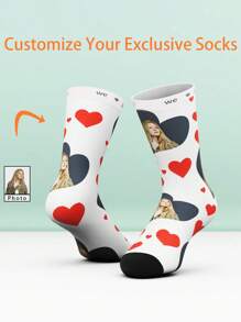 1 Pair Customized Face Print Funny Mid-Calf Socks For Women And Men, Personalized Attractive Couple Socks With Photos, Fun Custom Image Knee-High Socks, Suitable For Valentine's Day, Birthday Gifts And Other Occasions - Multicolor - View 1