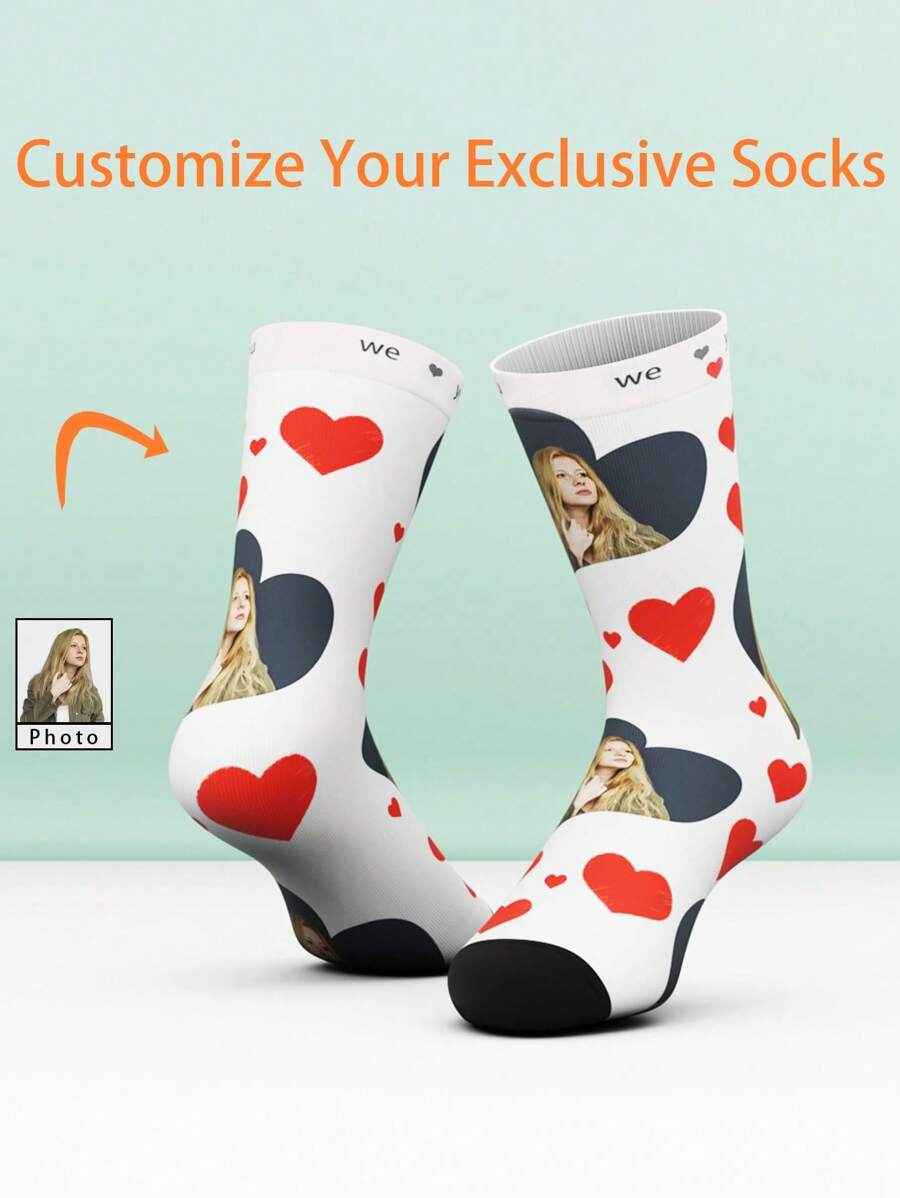 1 Pair Customized Face Print Funny Mid-Calf Socks For Women And Men, Personalized Attractive Couple Socks With Photos, Fun Custom Image Knee-High Socks, Suitable For Valentine's Day, Birthday Gifts And Other Occasions - Multicolor - View 1