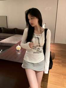 Casual Asymmetrical Slogan Print Long Sleeve T-Shirt, Autumn