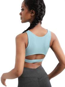 LEOQ 1 Áo ngực thể thao nữ, Áo ngực yoga thể thao khoét rỗng màu trơn - Màu xanh lam - Xem 2
