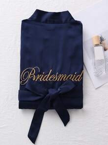 1pc Navy Blue Bride Bridesmaids Dressing Gown Robe, Wedding Party Prep Sleepwear - Navy Blue - View 5