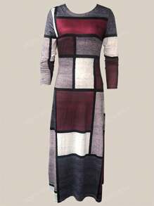 Plaid Print Casual Ronde Hals Bodycon Lange Mouw Jurk, Herfst/Winter