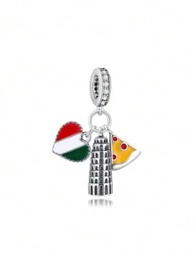 1pc Silver Plated Zirconia Stone Studded Love Pizza Leaning Tower Pendant, Ideal For DIY Bracelet, Necklace, Women's Holidays, Birthday Gift - Pendants - View 8