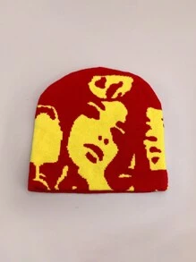 1 件男女通用时尚 Y2K 风格图案提花针织无檐便帽，适合秋冬季街头、派对、户外，保暖