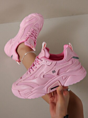 2024 年新款女士运动鞋厚底厚底运动鞋，粉色透气网眼撞色休闲鞋，适合所有季节