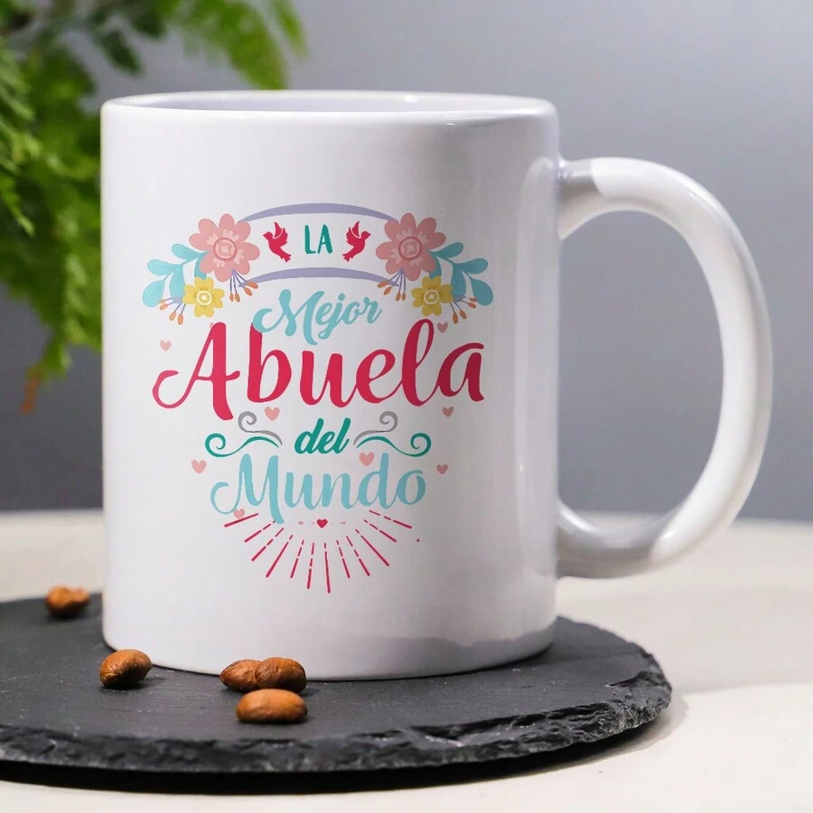 1 Piece, 3A Grade, La Mejor Abuela Del Mundo, Warmly Floral Pattern Mug With Spanish Printed For Grandma, 11 Oz Ceramic Mug, Gift Coffee Mug, Best Birthday Gift Of Tea Cup, Gift Coffee Cup For Women - 白色 - 查看 1