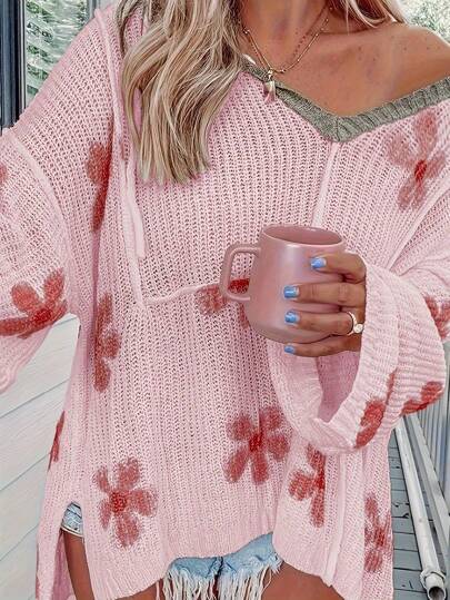 Plus Size Casual Loose Floral Print Hooded Pullover Sweater, For Winter