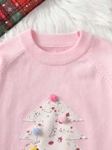 Young Girl Christmas Tree Pattern Raglan Sleeve Sweater, Casual Daily Wear Suitable For Christmas, Spring, Autumn And Winter - Pink - View 3