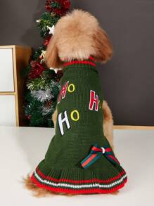 1 件针织圣诞宠物毛衣，经典红、绿、黄刺绣 HOHO 蝴蝶结设计，适合贵宾犬和比熊犬 - 綠色 - 查看 6