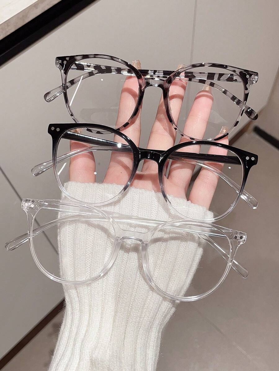 1/2/3/4副装女士塑料圆框眼镜，男女通用休闲可爱学院风工作优雅眼镜，轻便舒适，是情人节和开学季的理想礼物 - 3PCS:漸近BLK+BLK DEMI+透白 - 查看 1