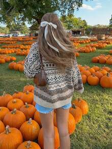 FOR BEAUTY 复古圆领费尔岛提花长袖针织毛衣，女士宽松休闲套头衫，新年 - 杏色 - 查看 6