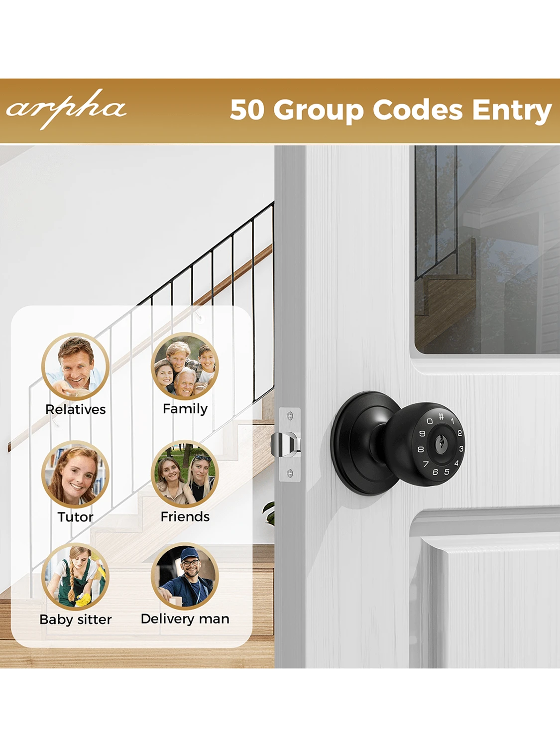 Arpha Keyless Entry Door Lock, Keypad Door Knob With 50 Code, Anti