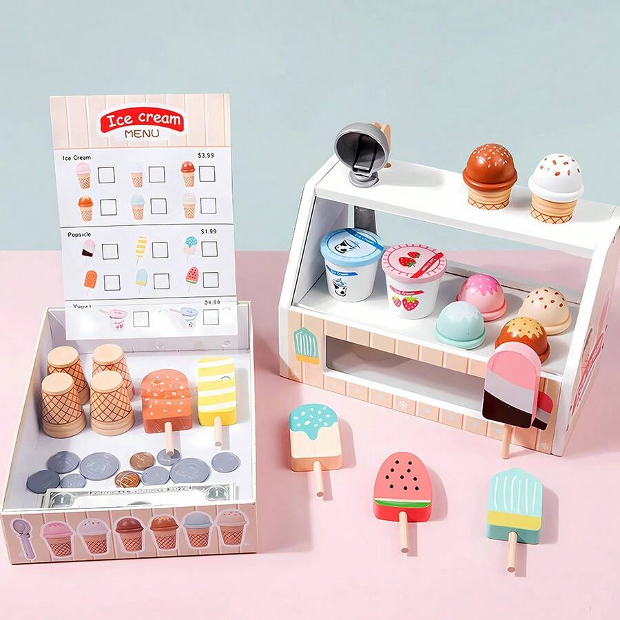 Wooden Scoop And Serve Ice Cream Counter Play Food And Accessories