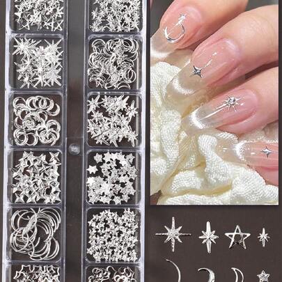 12格银色月亮星星金属指甲饰3D Y2K珠宝水钻钢球美甲装饰美甲用品DIY美甲宝石美甲用品指甲