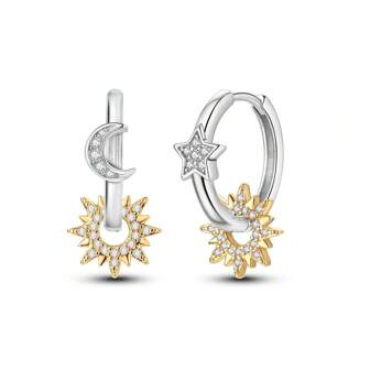 Asymmetric Hoop Earrings - Silvery Plated With Sparkling Zirconia, Sun & Moon Design Earrings
