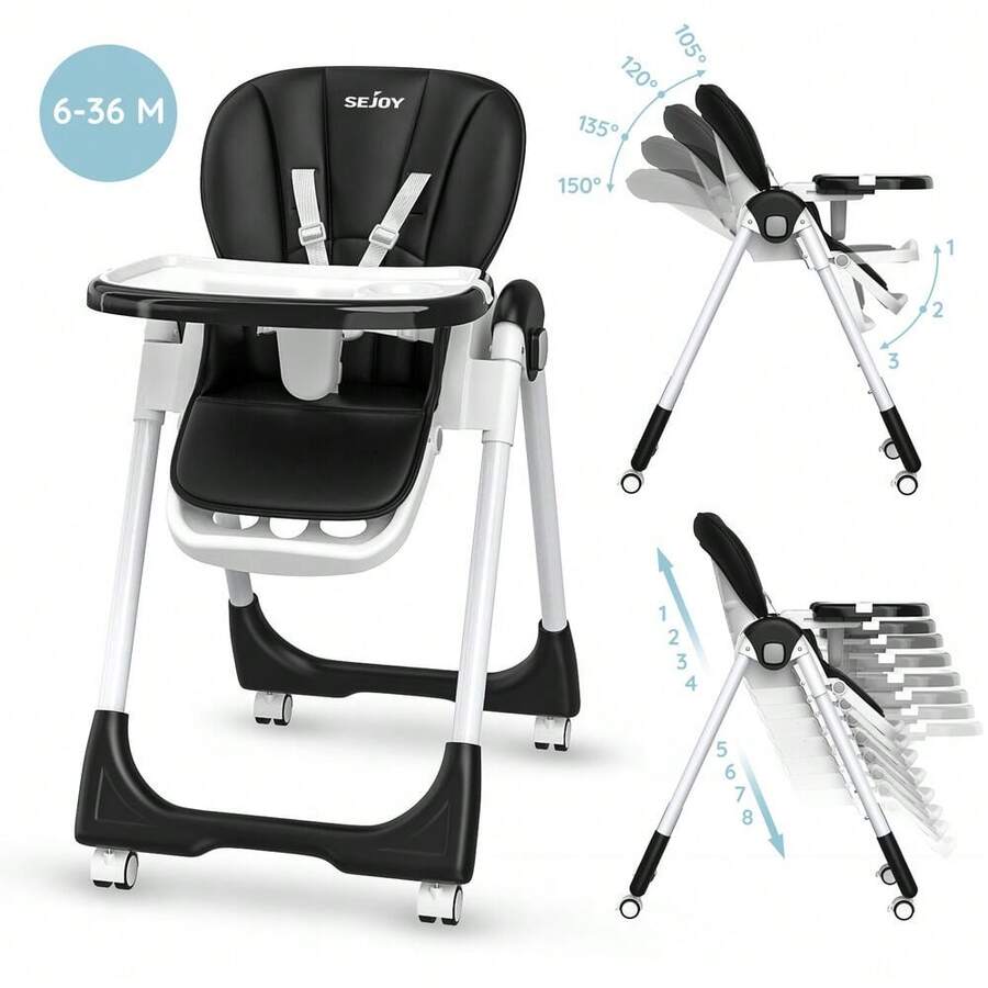 Baby High Chair Booster Seat W/ 4 Wheels Foldable Adjustable Heigh