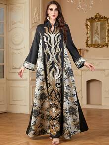 Đầm dài màu đen thêu sequin chắp vá thanh lịch, cổ chữ V, tay dài cho nữ, phong cách Ả Rập tinh tế, mùa thu/đông - màu đen - Xem 6