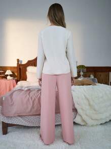 Sanrio 两件套可爱卡通拼接细节撞色包边纽扣前开襟长袖家居服套装，含抽绳长裤，女士睡衣，秋冬服装 - 杏色 - 查看 5