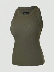 ChicMe Built-In Bra Sleeveless Ribbed Knit Tank Top Slim Fit Round Neck Basic Top - Army Green - View 7