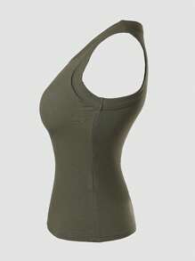ChicMe Built-In Bra Sleeveless Ribbed Knit Tank Top Slim Fit Round Neck Basic Top - Army Green - View 8