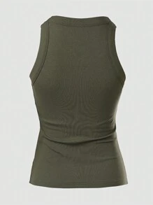 ChicMe Built-In Bra Sleeveless Ribbed Knit Tank Top Slim Fit Round Neck Basic Top - Army Green - View 9