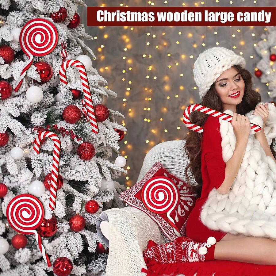 6pcs Christmas Candy Canes Christmas Tree Hanging Ornaments Wood Large