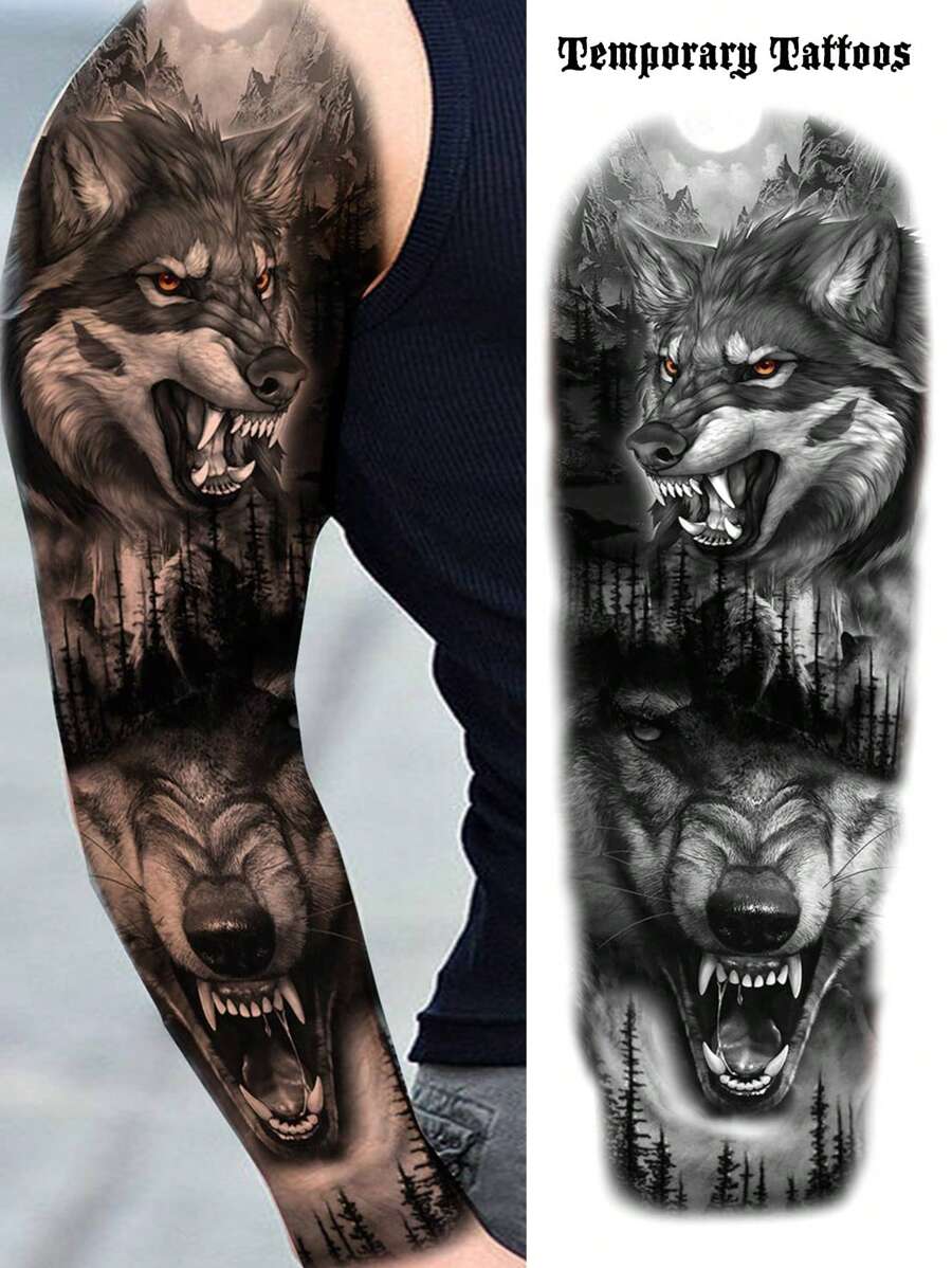 1 张全臂黑狼野兽临时纹身袖贴适用于女性成人腿部大腿肩膀，逼真防水持久假袖纹身贴纸适用于男士 - 黑色 - 查看 1