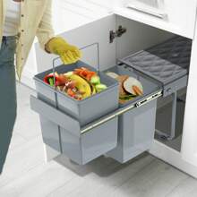 Built-In Kitchen Trash Can 2/3 Compartments Extendable Trash Can Waste Bin Kitchen Base Cabinet With Telescopic Rails Kitchen Trash Can Built-In Waste Separation System Gray