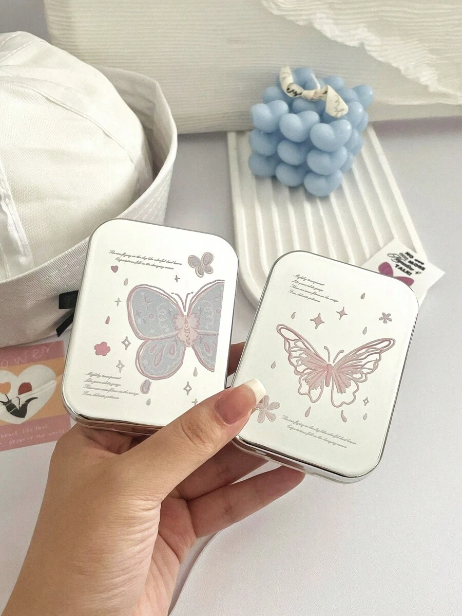 eyekan 1pc Portable Mirrored Butterfly & Floral Decorated Eyeglasses Case - Multi-Layer Travel Storage Box, Color Contacts, Makeup And Accessories