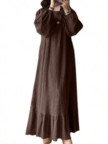 ZANZEA Women Round Neck Long Sleeve Ruffle Hem Belted Kaftan Party Casual Loose Long Dress - màu nâu - Xem 1