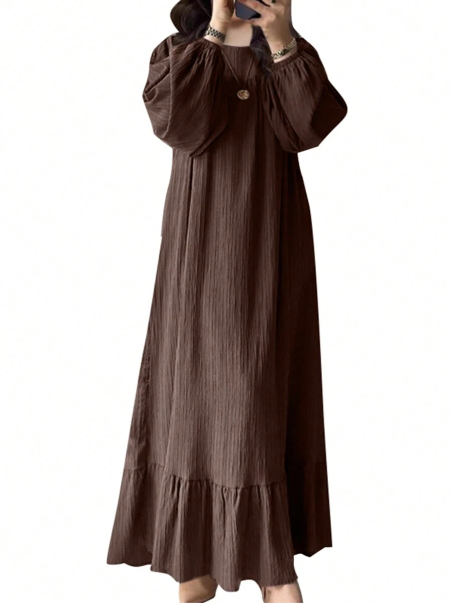 ZANZEA Women Round Neck Long Sleeve Ruffle Hem Belted Kaftan Party Casual Loose Long Dress - màu nâu - Xem 1