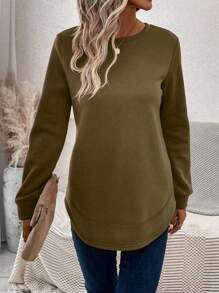 Women's Solid Color Round Neck T-Shirt Long Sleeve Top Autumn Sweatshirt - Brown - View 5