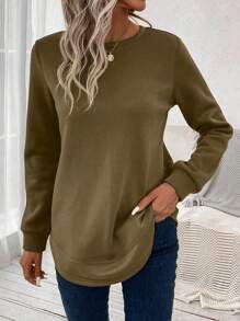 Women's Solid Color Round Neck T-Shirt Long Sleeve Top Autumn Sweatshirt - Brown - View 1