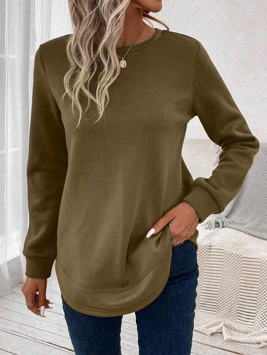 Women's Solid Color Round Neck T-Shirt Long Sleeve Top Autumn Sweatshirt - Brown - View 1