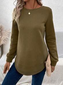 Women's Solid Color Round Neck T-Shirt Long Sleeve Top Autumn Sweatshirt - Brown - View 3
