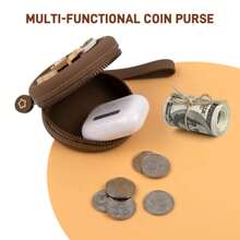 Wired Earphone Storage Bag, Headphone Case, Coin Purse With Charms, Zip Silicone Round Carrying Pouch - Brown - View 4