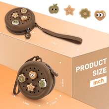 Wired Earphone Storage Bag, Headphone Case, Coin Purse With Charms, Zip Silicone Round Carrying Pouch - Brown - View 2