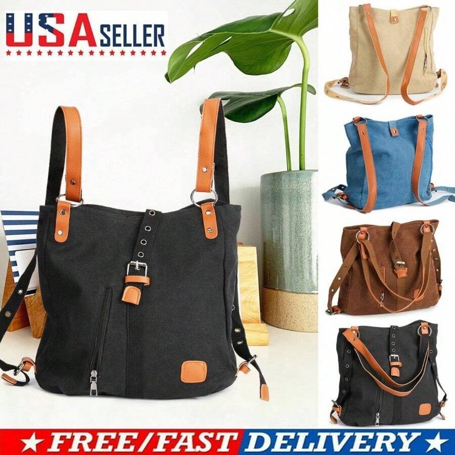 Women Canvas Handbag Casual Shoulder Bag Rucksack Convertible Backpack Tote Bag - Black - View 1