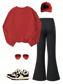 Tween Girl 2 Pieces Elegant Casual Letter Print Set, Fashionable Multifunctional Round Neck Long Sleeved Sweatshirt & Pants Set, Suitable For Spring And Autumn Seasons, Suitable As An Outdoor Gift For Daughters