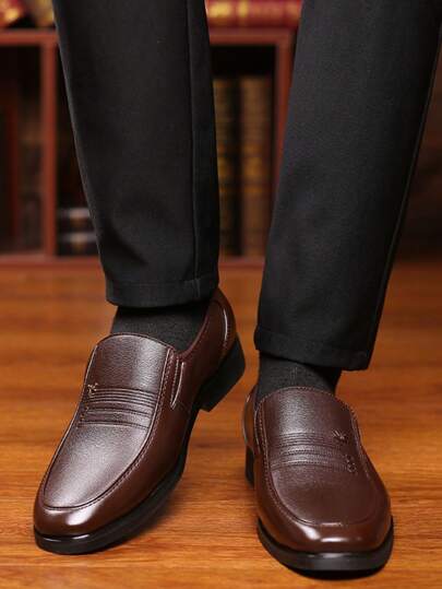 Men's Leather Shoes Breathable Business Formal Casual Shoes Soft Sole British Style Men Loafers Slip-On Round Toe Black Minimalist Work Shoes