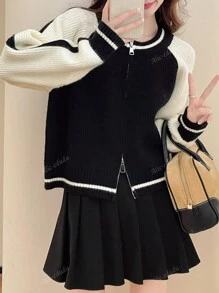 Women's Casual Color Blocking Crew Neck Sweater Cardigan, Autumn/Winter