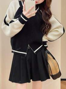 Women's Casual Color Blocking Crew Neck Sweater Cardigan, Autumn/Winter