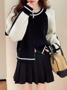Women's Casual Color Blocking Crew Neck Sweater Cardigan, Autumn/Winter