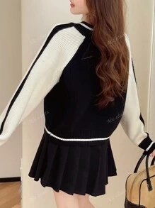 Women's Casual Color Blocking Crew Neck Sweater Cardigan, Autumn/Winter