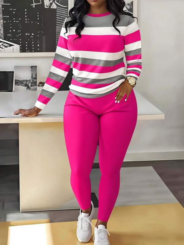 SUPSHUSY Women's Red Striped Two-Piece Suit, Printed Long-Sleeved T-Shirt Top Suit, Round-Neck Fitted Spandex Bottoming Shirt, Casual Trousers Suit, Suitable For Yoga And Fitness Tracksuit