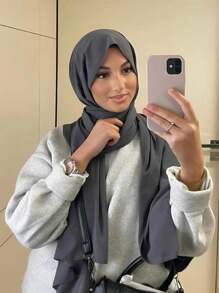 1pc Women Hijab Ladies' Solid Color Faux Pearl Chiffon Soft Headscarf, Arabic Casual Long Scarf, Conservative Plain Color Headwrap, Suitable For Daily Use Headband Abaya Accessories Veiled Clothes - Dark Grey - View 2